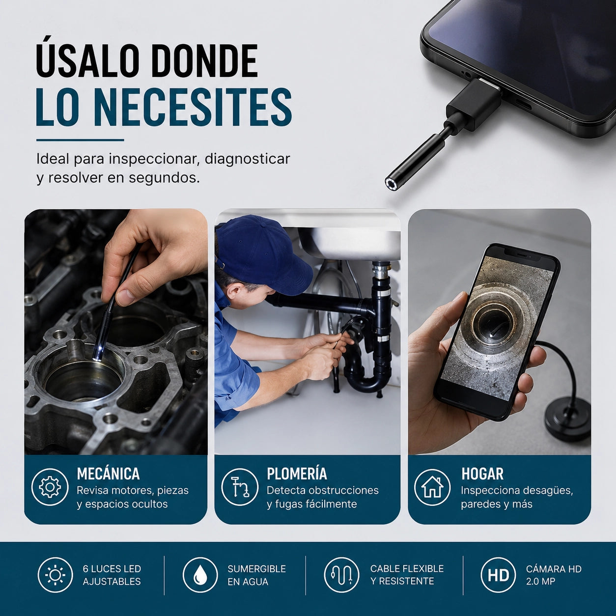 FlexiScan™ | Cámara de Inspección Ultra HD 1 Metro | Adiós a las Zonas Ciegas
