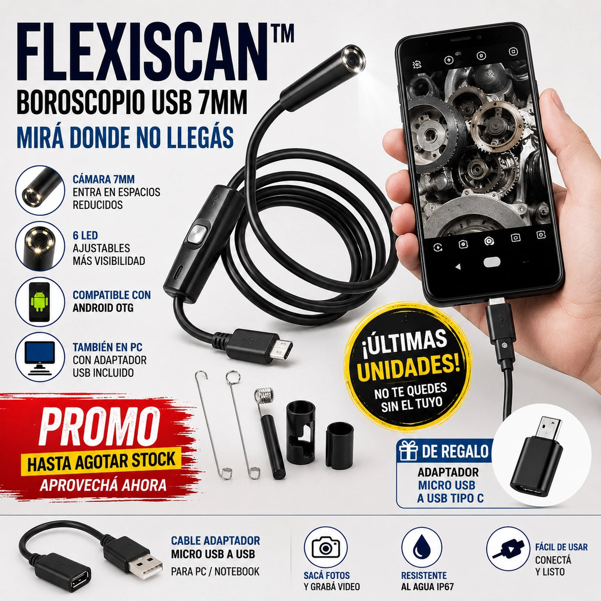 FlexiScan™ | Cámara de Inspección Ultra HD 1 Metro | Adiós a las Zonas Ciegas