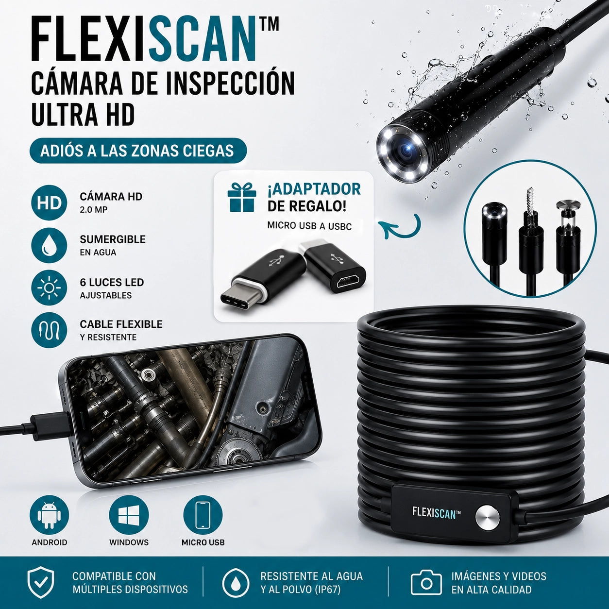 FlexiScan™ | Cámara de Inspección Ultra HD 1 Metro | Adiós a las Zonas Ciegas